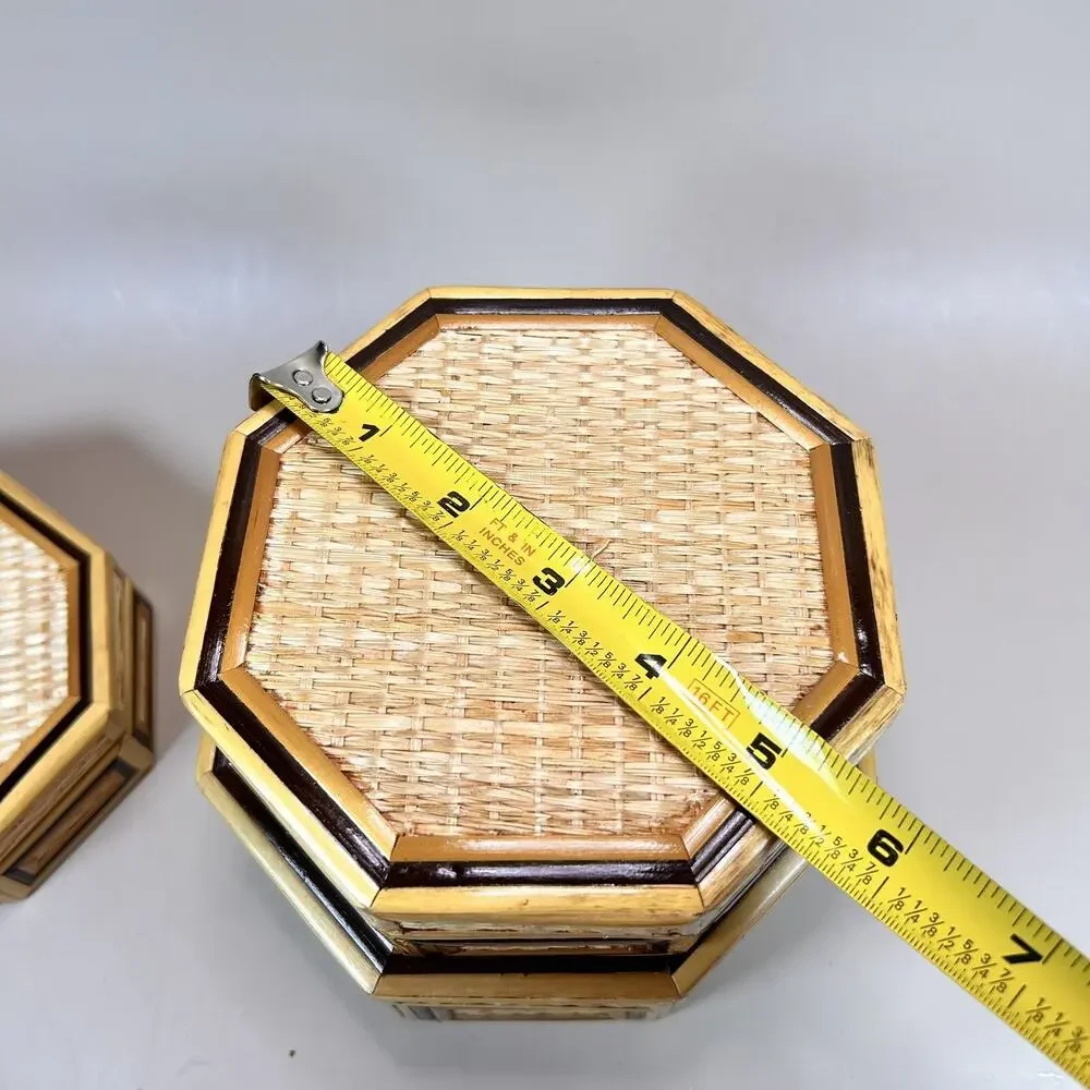 Vintage Bamboo Wicker Hexagon 3 Nesting Jewelry Trinket Boxes- EUC